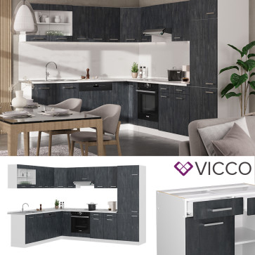 Vicco Eckküche R-Line 287x227 cm Schwarz Beton Weiß ohne Arbeitsplatte