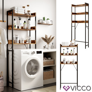 Vicco Waschmaschinenschrank Fyrk Eiche Schwarz 64 x 165 cm mit 3 Regalablagen
