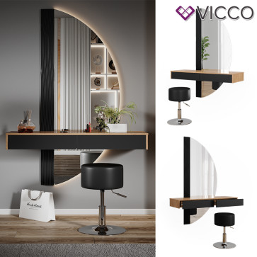 Vicco Schminktisch Melisa Eiche Schwarz 120 cm mit Beleuchtung und Hocker