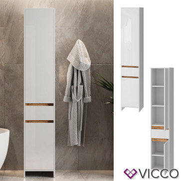 Vicco Badschrank Detmold Weiß Eiche 35 x 190 cm mit 2 Türen und eine Schublade