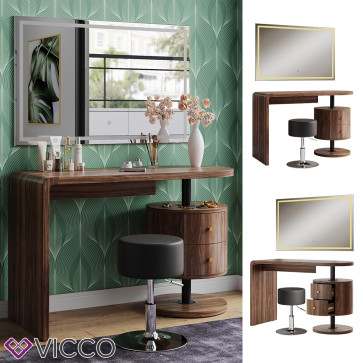 Vicco Schminktisch Lara Eiche rustikal 120 cm mit LED-Spiegel und Hocker