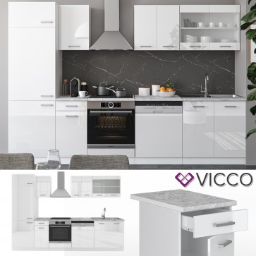 VICCO Küche R-Line 300 cm Weiß hochglanz + Arbeitsplatten