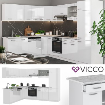 VICCO  Eck Küche R-Line Weiß hochglanz + Arbeitsplatten