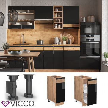 Vicco Apothekerunterschrank Küchenschrank Küchenmöbel Fame-Line Eiche Schwarz 30 cm modern Hochglanz