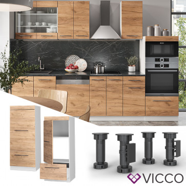 Vicco Mikrowellenumbauschrank Küchenschrank Küchenmöbel Fame-Line Weiß Eiche Goldkraft 60 cm modern Küche Einbauküche Blende Hochschrank Schublade Mikrowelle Backofen Küchenzeile