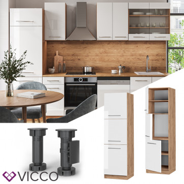 Vicco Herdumbauschrank Küchenschrank Küchenmöbel Fame-Line Eiche Weiß 60 cm modern Hochglanz Küche Einbauküche Blende Herdschrank Hochschrank Küchenzeile Drehtür Einlegeboden