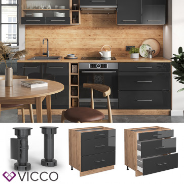 Vicco Schubladenunterschrank Küchenschrank Küchenmöbel Fame-Line Eiche Anthrazit 80 cm modern Hochglanz Küche Einbauküche Drehtür Blende Schublade Küchenunterschrank Küchenzeile