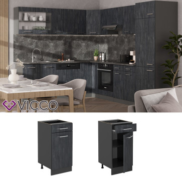 Vicco Schubunterschrank R-Line Schwarz Beton Anthrazit 40 cm mit Arbeitsplatte Weiß-Marmor
