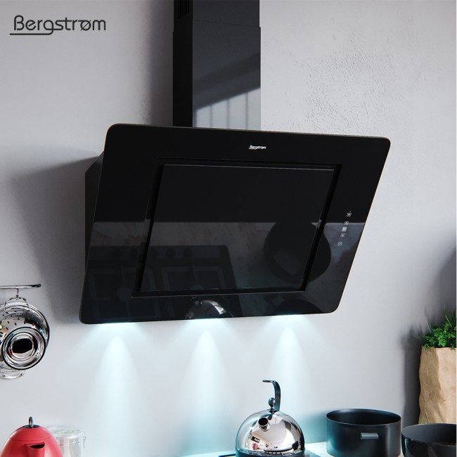Bergstroem Ivar Dunstabzugshaube Glas Led Wandhaube Schraghaube Kopffrei Fernbedienung 90 Cm Schwarz
