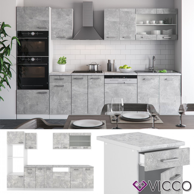 vicco kuche r line 300cm beton mit arbeitsplatten