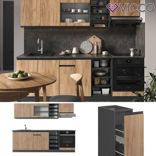 Vicco Küchenzeile Küchenblock Einbauküche R-Line J-Shape Anthrazit Eiche  240 cm modern Küchenschränke Küchenmöbel