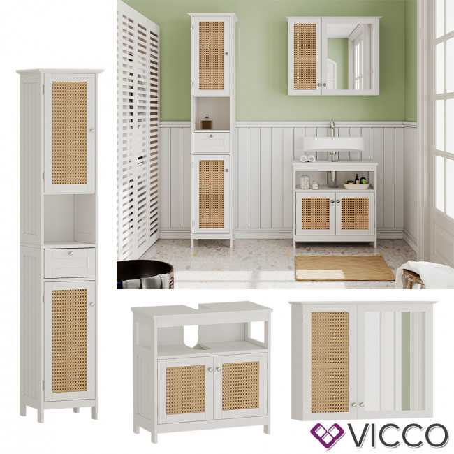Spiegelschrank, Front, Badezimmer, Waschtischunterschrank, Serie, Badmöbel-Set dekorative Weiß, Vicco moderne Rosario, Hochschrank