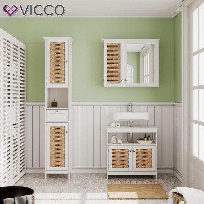 Rosario, Waschtischunterschrank, Spiegelschrank, dekorative moderne Vicco Serie, Badezimmer, Front, Badmöbel-Set Weiß, Hochschrank