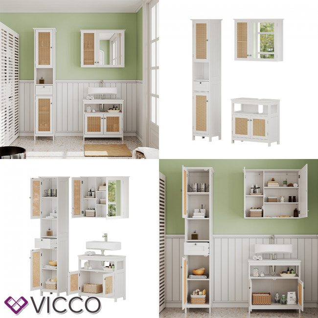 Vicco Badmöbel-Set Serie, moderne Waschtischunterschrank, Weiß, Spiegelschrank, Rosario, Badezimmer, dekorative Hochschrank Front