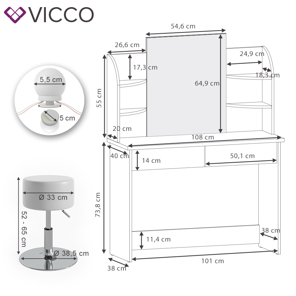 VICCO Schminktisch CHARLOTTE Weiß Sonoma Eiche