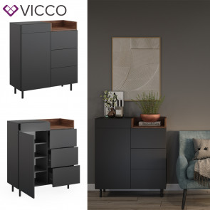 Vicco Kommode Anika, 89 x 100 cm, Anthrazit Walnussbraun mit Tür, 4 Schubfächer