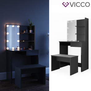 Vicco Schminktisch Dekos Schwarz inklusive Bank und LED-Lichterkette