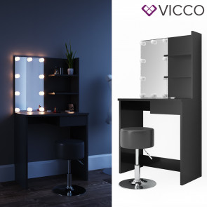 Vicco Schminktisch Dekos Schwarz inklusive Hocker und LED-Lichterkette