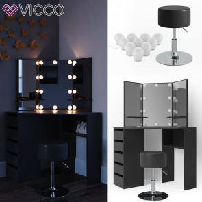 Vicco Eckschminktisch Arielle Schwarz inklusive Hocker und LED-Lichterkette