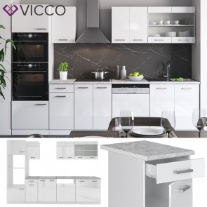 VICCO Küche R-Line 300 cm Weiß hochglanz + Arbeitsplatten