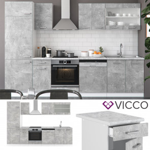 VICCO Küche R-Line 300cm Beton mit Arbeitsplatten