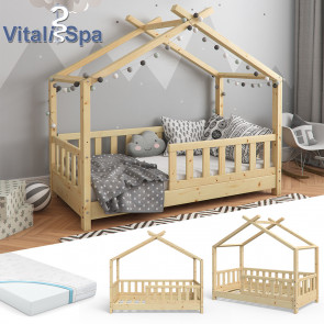 VITALISPA Hausbett DESIGN 70x140cm Holz Natur Zaun mit Matratze