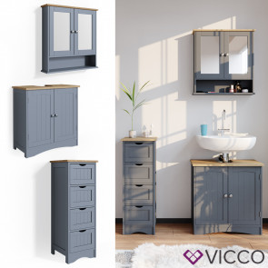 VICCO Badmöbelset 3 Bianco Grau (Waschtischunterschrank + schmaler Badschrank + Spiegelschrank)