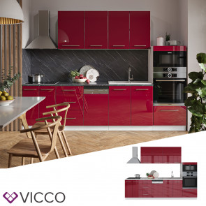 Vicco Küchenzeile Einbauküche Küche Fame-Line Weiß Rot Hochglanz 295 cm modern