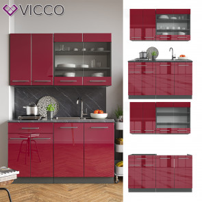 Vicco Küchenzeile Single Einbauküche 140 cm Küchen Bordeaux Hochglanz Fame-Line