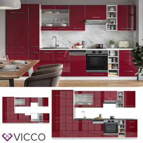 Vicco Küchenzeile Küchenblock Einbauküche 355cm Fame-Line Bordeaux Hochglanz