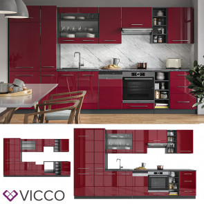 Vicco Küchenzeile Küchenblock Einbauküche 355cm Fame-Line Bordeaux Hochglanz