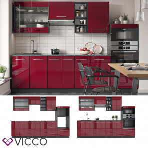 Vicco Küchenzeile Küchenblock Einbauküche 280cm Fame-Line Bordeaux Hochglanz