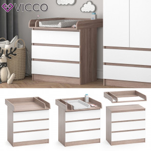 Vicco Wickelkommode Wickeltisch Kommode mit 3 Schubladen Emma Weiß Sonoma Baby