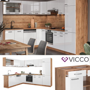 Vicco Küchenzeile Küchenblock Einbauküche R-Line Ecke 287 x 277 Front Weiß HGL