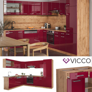 Vicco Küchenzeile Küchenblock Einbauküche R-Line Ecke 287 x 277 Bordeaux HGL