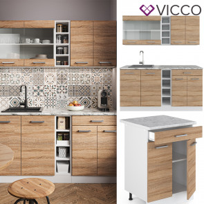 Vicco Küchenzeile Küchenblock Einbauküche R-Line Single Weiß Sonoma Arbeitsplatte