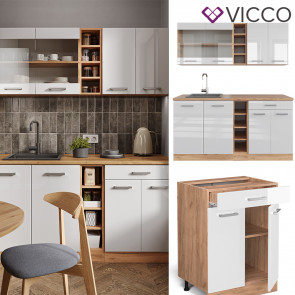 Vicco Küchenzeile Küchenblock Einbauküche R-Line Single Eiche Weiß Hochglanz 160 cm