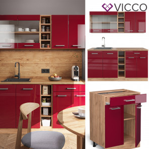 Vicco Küchenzeile Küchenblock Einbauküche R-Line Single Eiche Bordeaux Hochglanz 160 cm