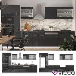 Vicco Küchenzeile Küchenblock Einbauküche R-Line 350 cm Weiß Anthrazit Hochglanz