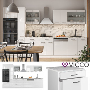 Vicco Küchenzeile Küchenblock Einbauküche R-Line 350 cm Weiß Hochglanz Küche