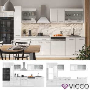 Vicco Küchenzeile Küchenblock Einbauküche R-Line 350 cm Weiß Arbeitsplatte Hochglanz