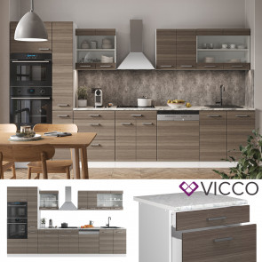 Vicco Küchenzeile Küchenblock Einbauküche R-Line 350 cm Weiß Edelgrau Arbeitsplatte