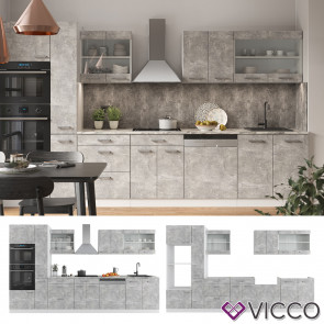 Vicco Küchenzeile Küchenblock Einbauküche R-Line 350 cm Weiß Beton Arbeitsplatte