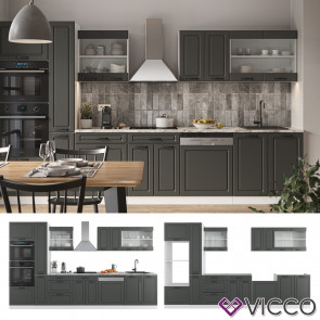 Vicco Küchenzeile Küchenblock Einbauküche R-Line 350 cm Landhaus Weiß Anthrazit Küche