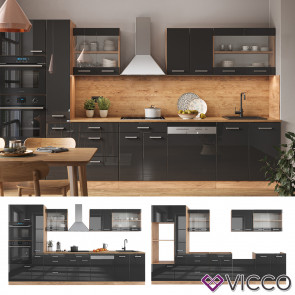 Vicco Küchenzeile Küchenblock Einbauküche R-Line 350 cm Eiche Anthrazit Hochglanz Küche