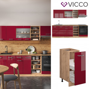 Vicco Küchenzeile Küchenblock Einbauküche R-Line 240 cm Eiche Bordeaux Hochglanz