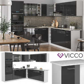 Vicco Küchenzeile Eckküche Einbauküche R-Line Ecke Weiß Anthrazit Arbeitsplatte Hochglanz