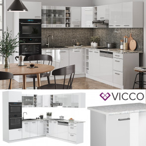 Vicco Küchenzeile Eckküche Einbauküche R-Line Ecke Weiß Arbeitsplatte Hochglanz