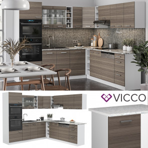 Vicco Küchenzeile Eckküche Einbauküche R-Line Ecke Weiß Edelgrau Arbeitsplatte