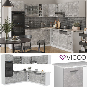 Vicco Küchenzeile Eckküche Einbauküche R-Line Ecke Weiß Beton Arbeitsplatte